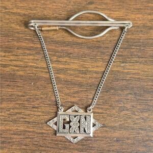 Vintage Art Deco Sterling Silver Marcasite Monogram Tie Bar Clasp with Pendant